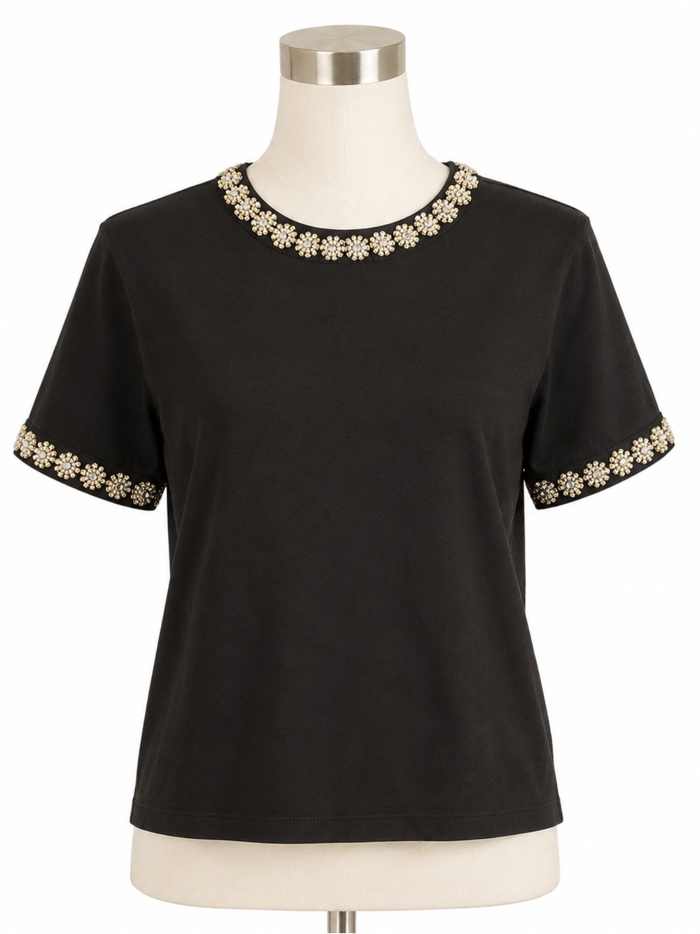 J Crew Factory women’s Embellished-trim tee rhinestone pearls black Size M NWT